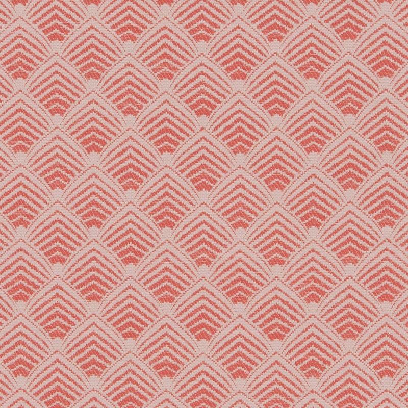 Pink and white fabric featuring a repeating scalloped fan motif in a diamond grid, decorative upholstery textile.