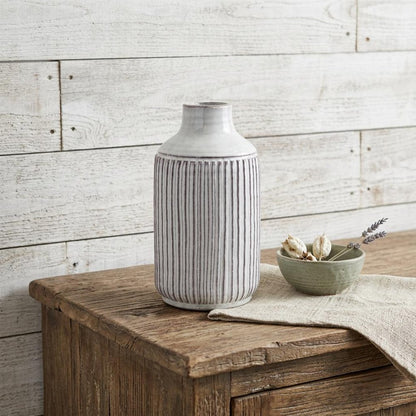 10" Off White Terracotta Striped Cylinder Table Vase