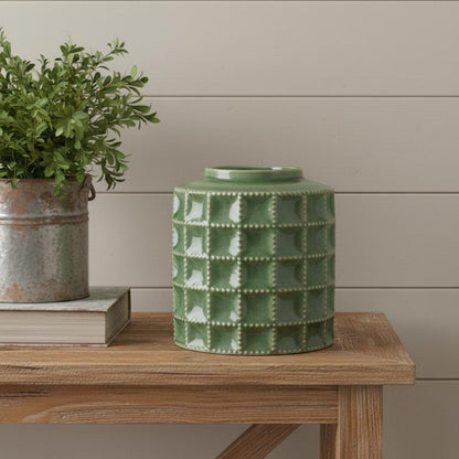 7" Green Terracotta Geometric Cylinder Table Vase