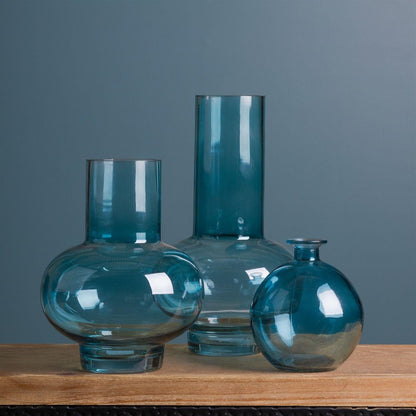 Set of Two Blue Glass Round Table Vase