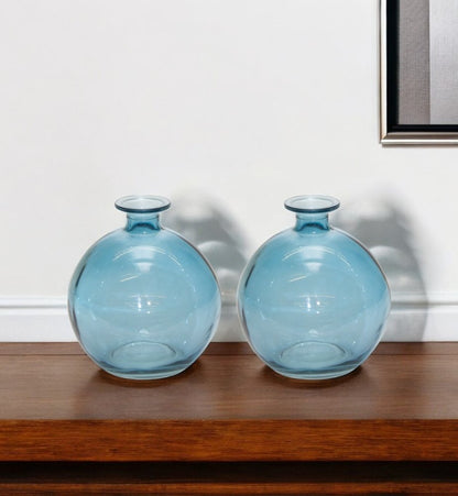 Set of Two Blue Glass Round Table Vase