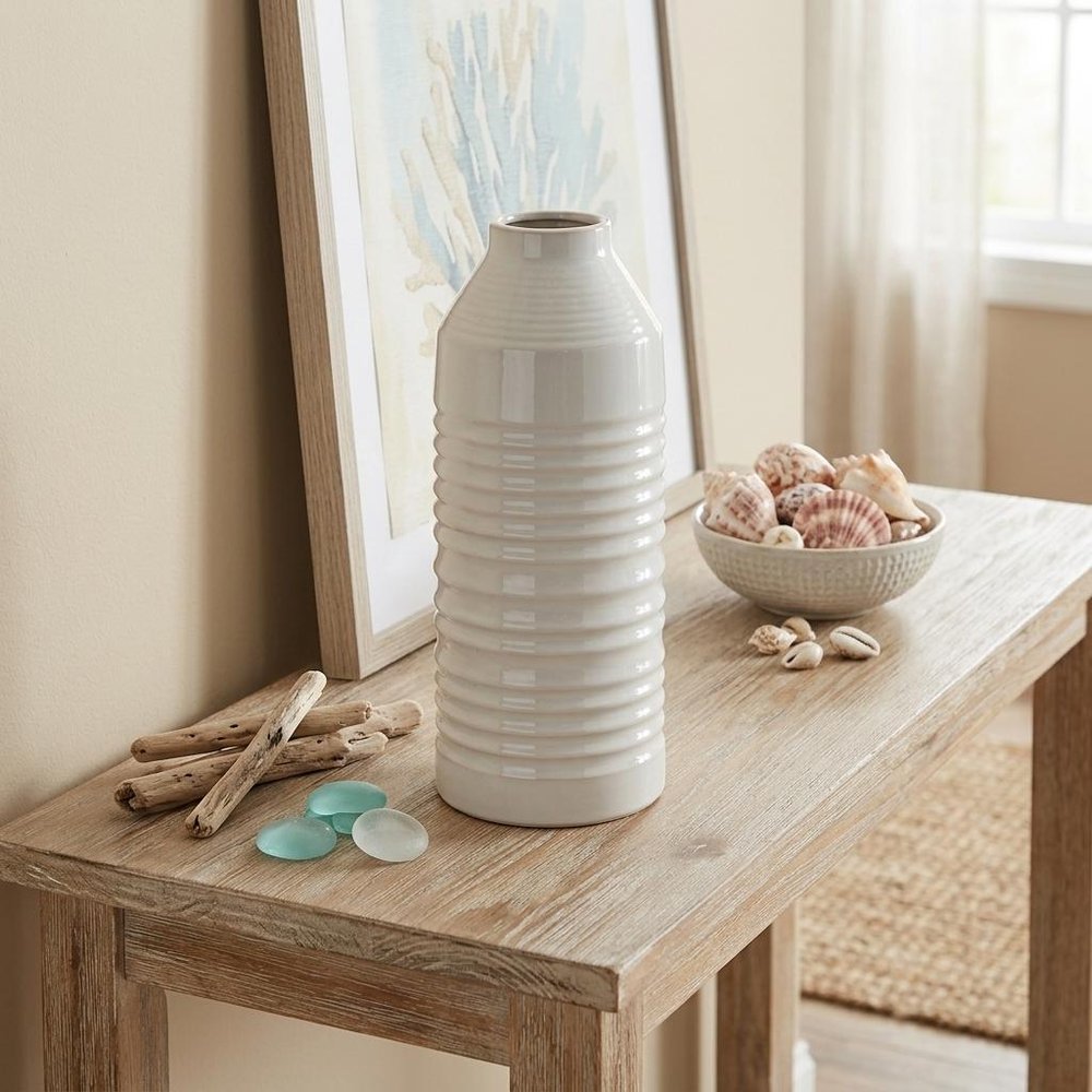 15" White Ribbed Cylinder Terracotta Table Vase