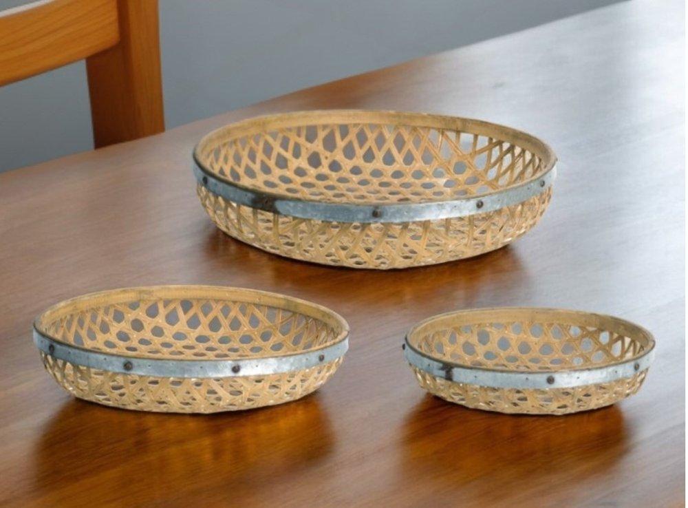 Set of three brown round solid wood serving trays