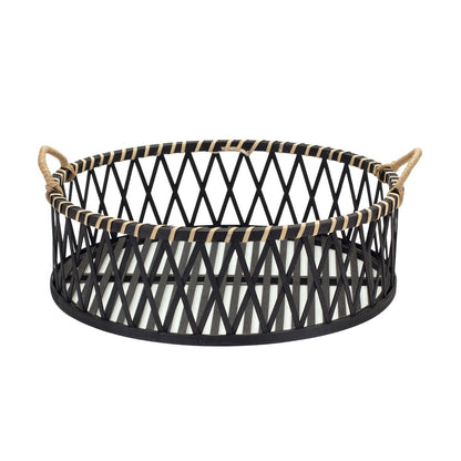 Set of Two Black and Tan Round Bamboo Serving Tray With Handles
