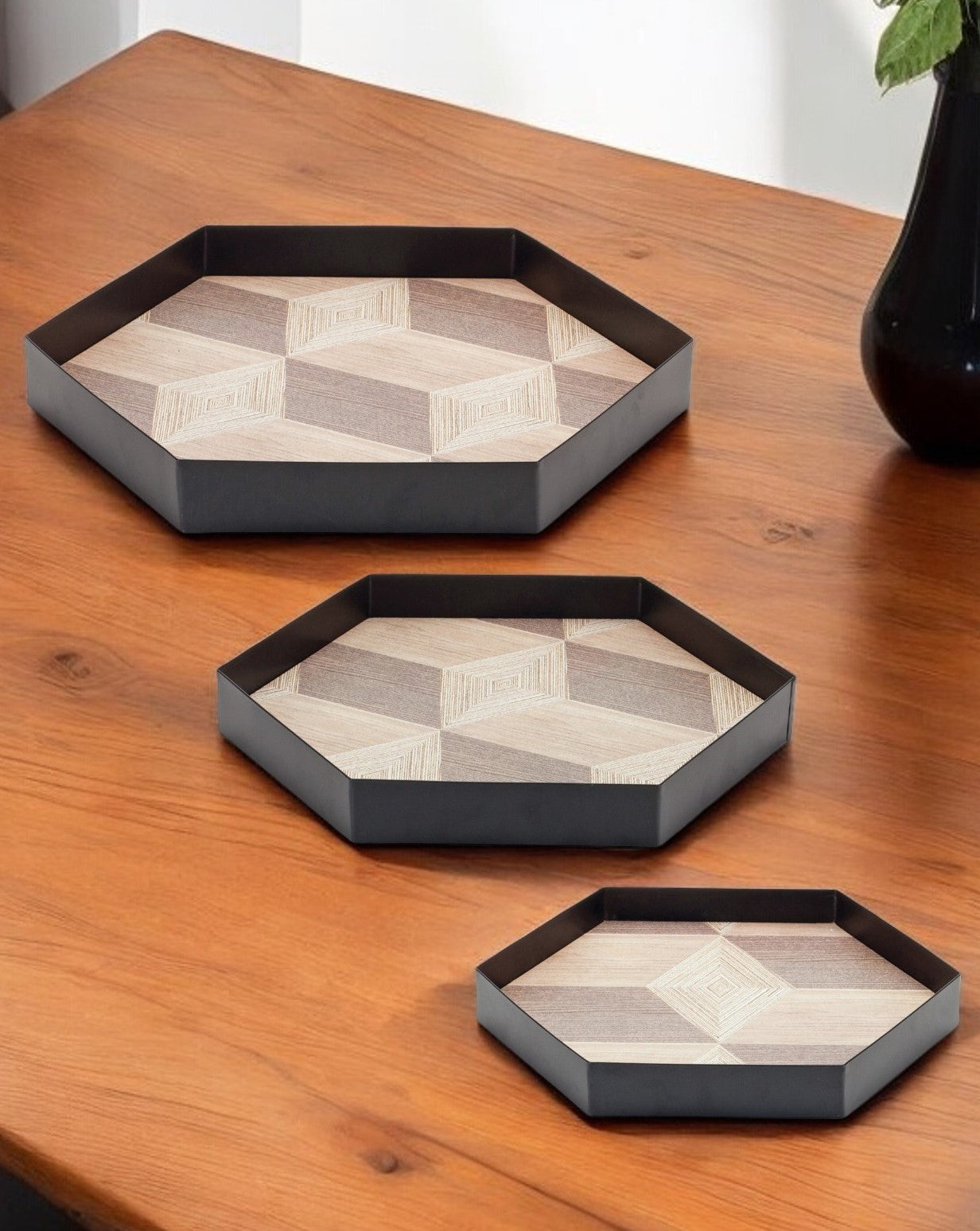 Set of Three Natural and Black Hexagon Iron Serving Tray