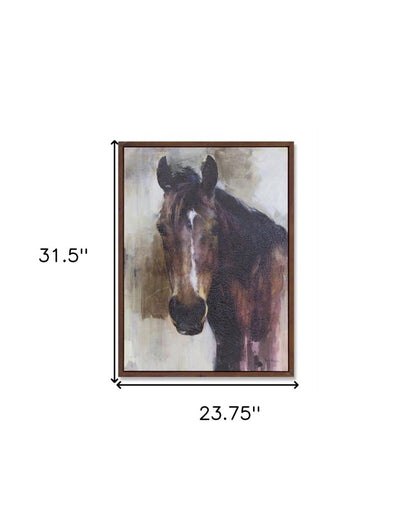 32" X 24" Brown Black And White Horse Wood Framed Art