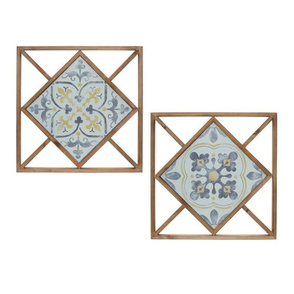 Set of Two White Blue And Brown Floral Wood and Metal Square Framed Art
