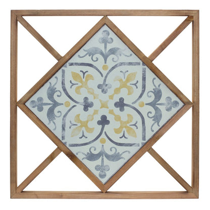 Set of Two White Blue And Brown Floral Wood and Metal Square Framed Art