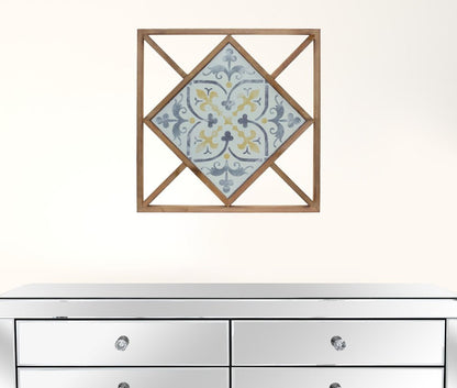 Set of Two White Blue And Brown Floral Wood and Metal Square Framed Art