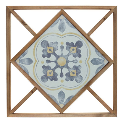 Set of Two White Blue And Brown Floral Wood and Metal Square Framed Art