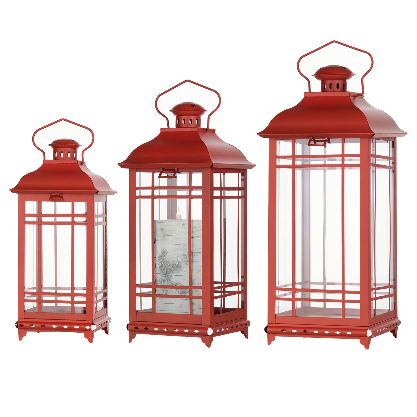 Set of Three Red Glass and Metal Geometric Floor Lantern Candle Holders