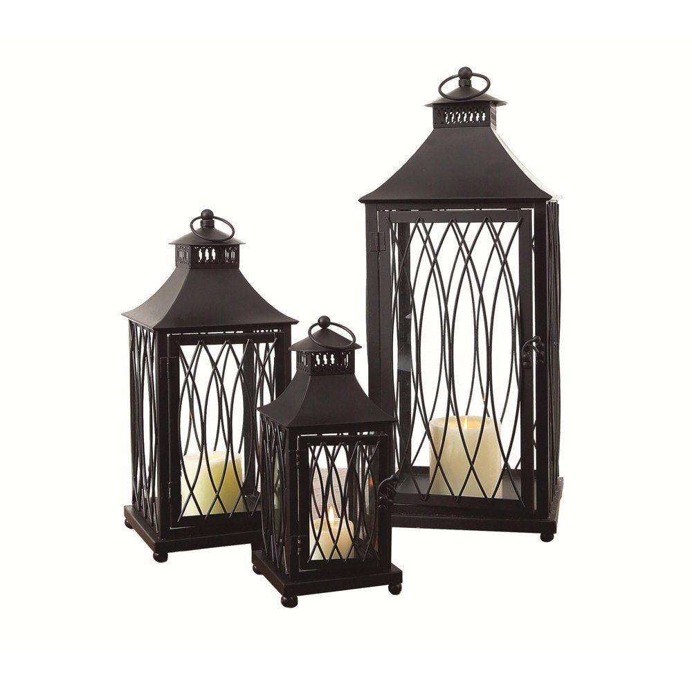 Set of Three Black Geometric Glass And Metal Floor Lantern Candle Holders