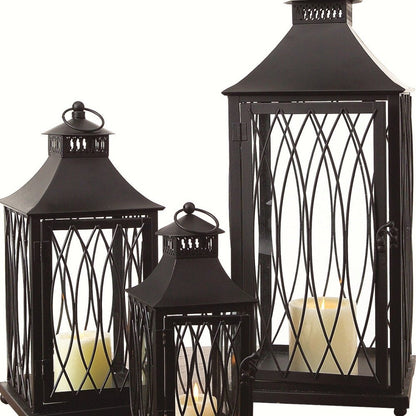 Set of Three Black Geometric Glass And Metal Floor Lantern Candle Holders