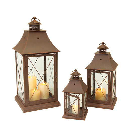 Set Of Three Brown Flameless Floor Lantern Candle Holder