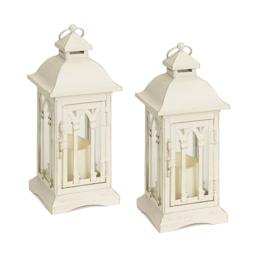 Set of Two Ivory Metal And Glass Ornate Tabletop Lantern Candle Holders With Candle