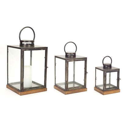 Set of Three Gray And Brown Distressed Geometric Glass Metal And Wood Floor Lantern Candle Holders