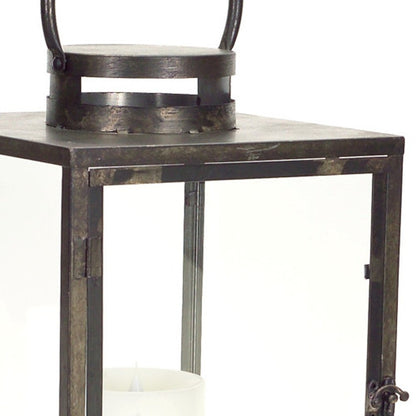 Set of Three Gray And Brown Distressed Geometric Glass Metal And Wood Floor Lantern Candle Holders