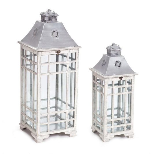 Set of Two White And Silver Distressed Geometric Metal Floor Lantern Candle Holders