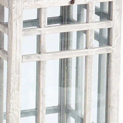 Set of Two White And Silver Distressed Geometric Metal Floor Lantern Candle Holders