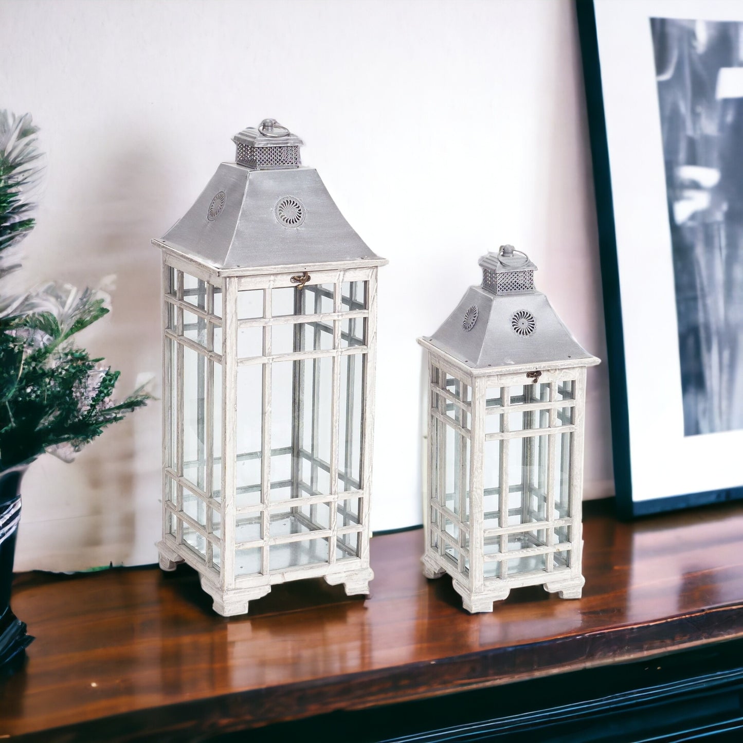 Set Of Two Gray Flameless Lantern Candle Holders