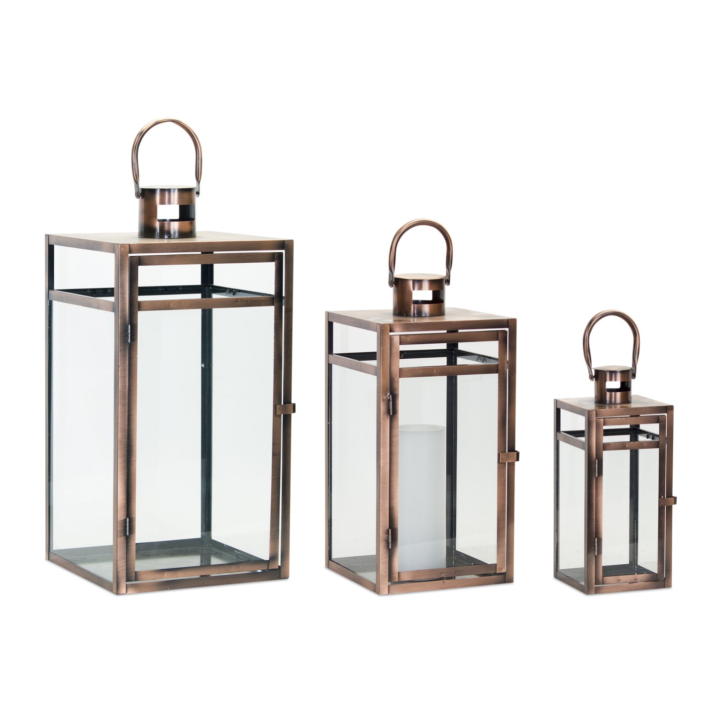 Set Of Three Copper Flameless Floor Lantern Candle Holder