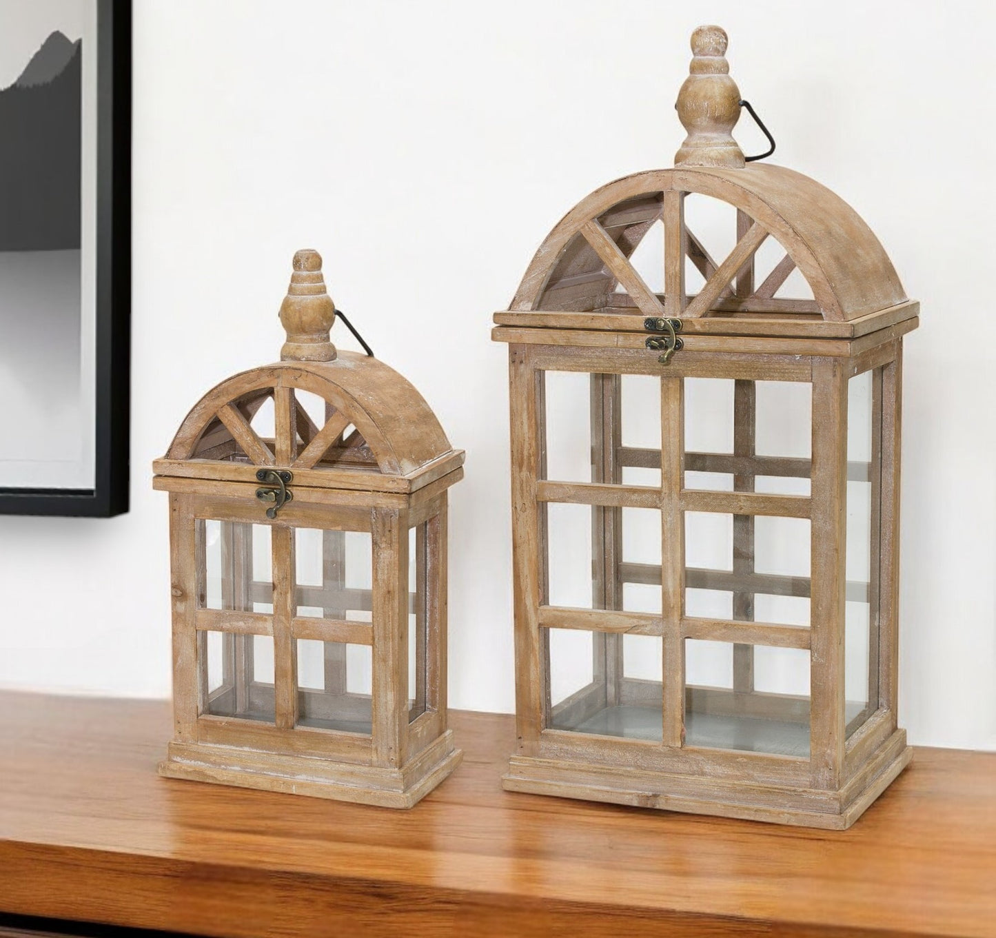 Set of Two Natural Wood and Glass Geometric Floor Lantern Candle Holders