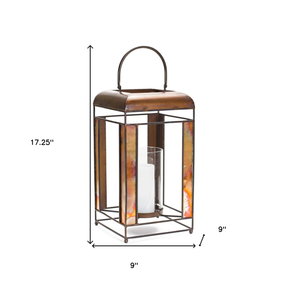 17" Bronze Distressed Geometric Metal And Glass Tabletop Lantern Candle Holder