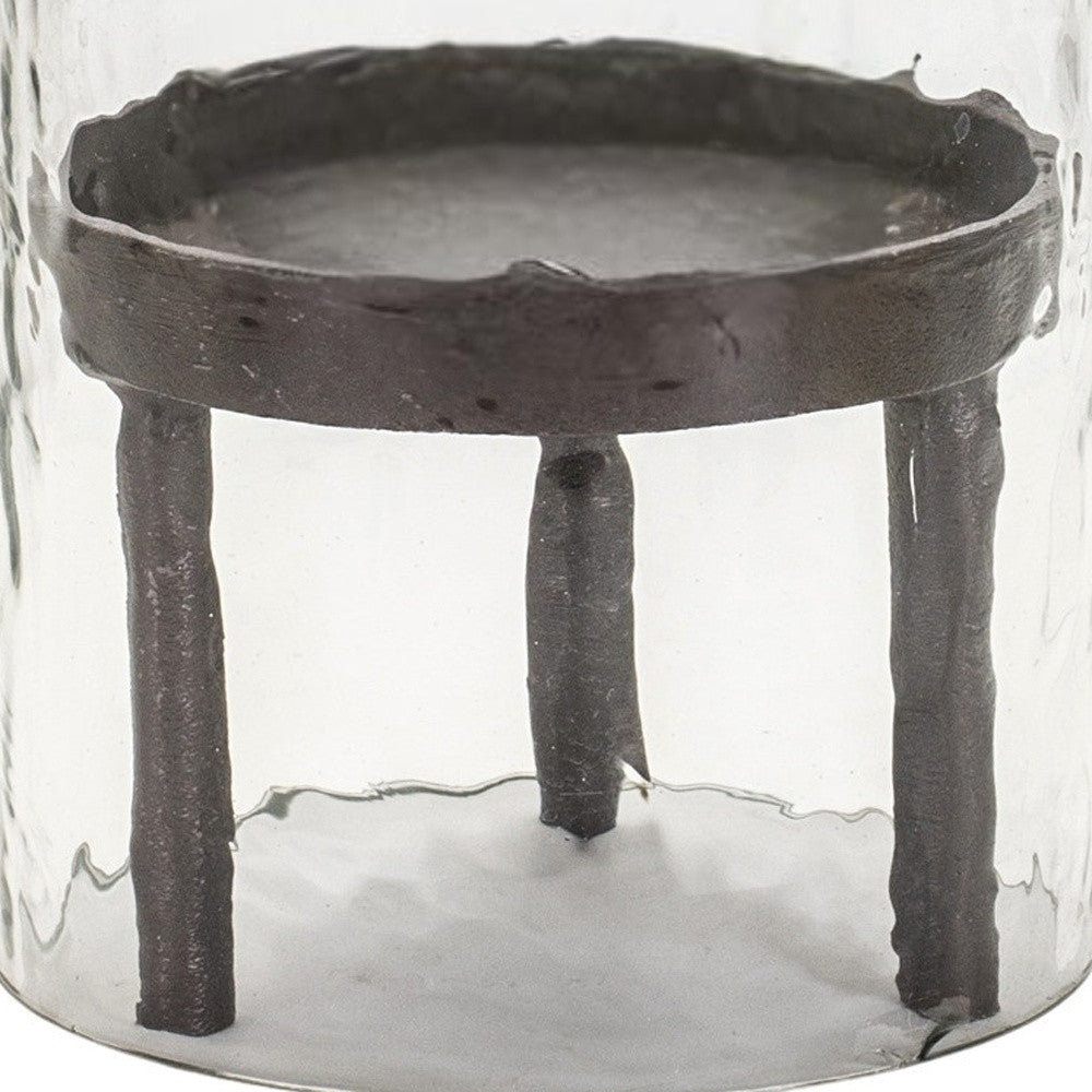 13" Clear and Black Hammered Glass Tabletop Hurricane Candle Holder