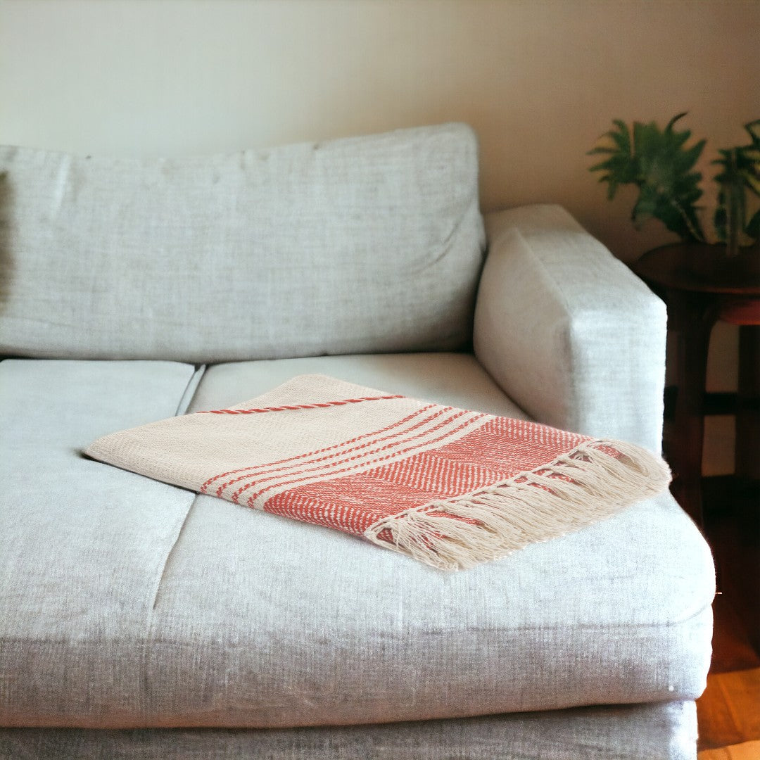 60" X 50" Beige Woven Cotton Striped Throw Blanket with Fringe