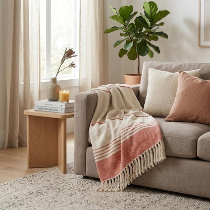 60" X 50" Beige Woven Cotton Striped Throw Blanket with Fringe