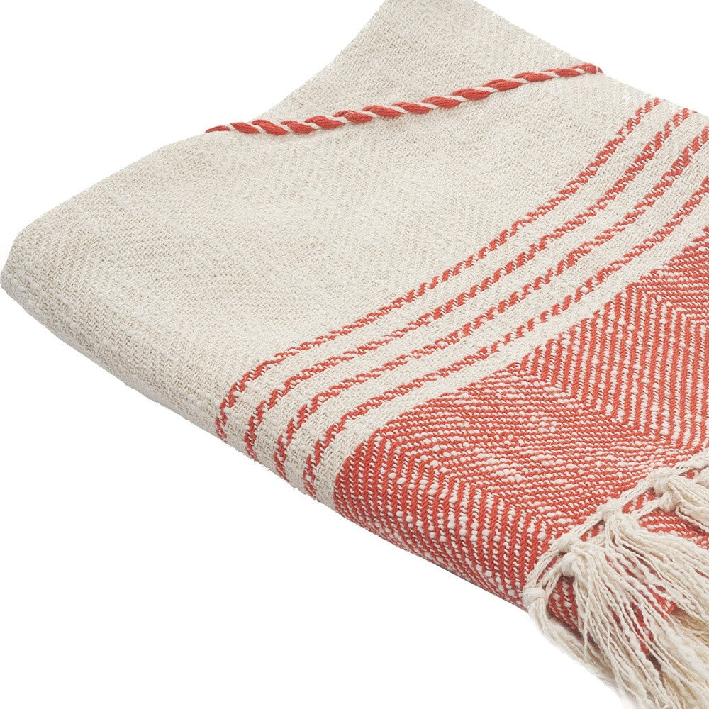 60" X 50" Beige Woven Cotton Striped Throw Blanket with Fringe