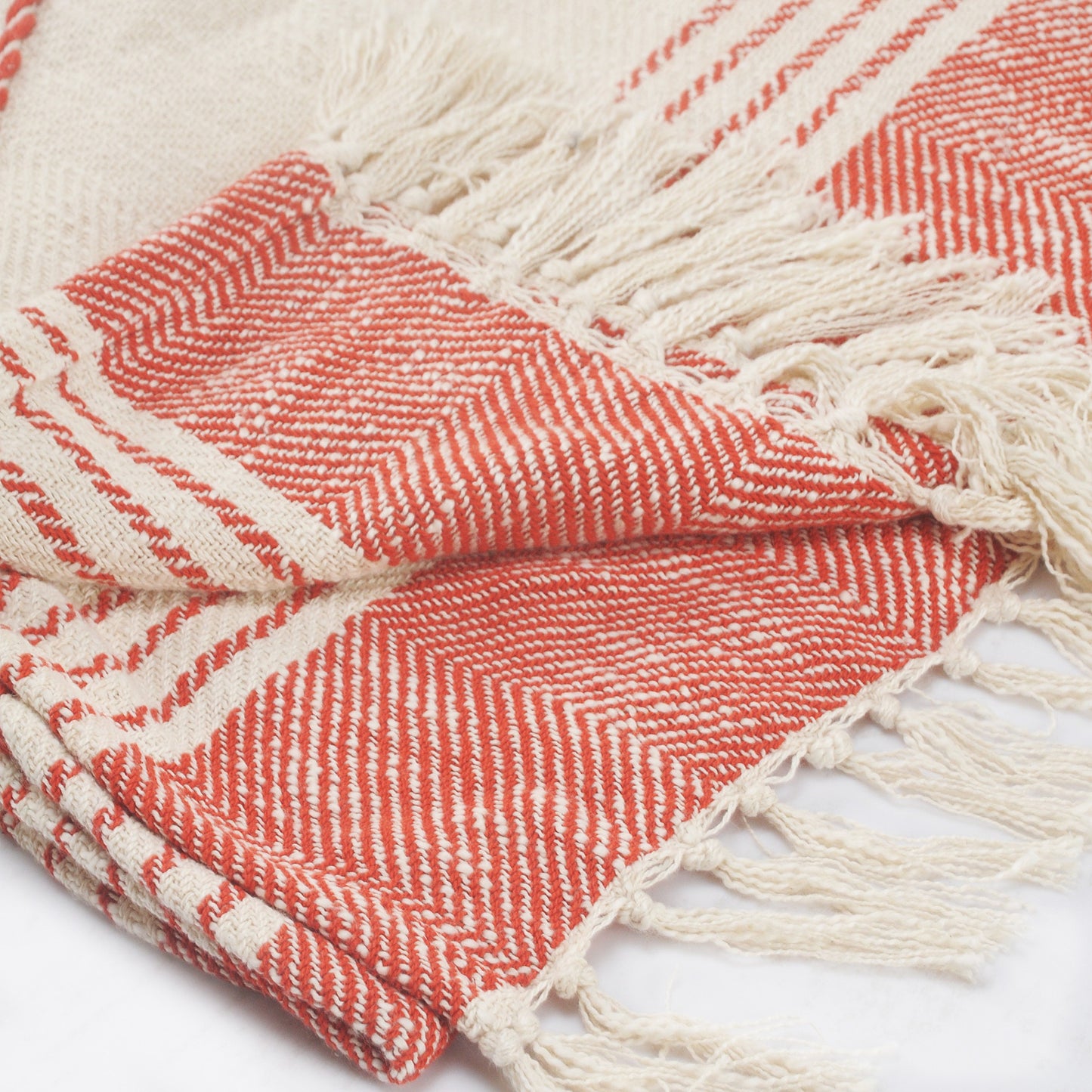 60" X 50" Beige Woven Cotton Striped Throw Blanket with Fringe