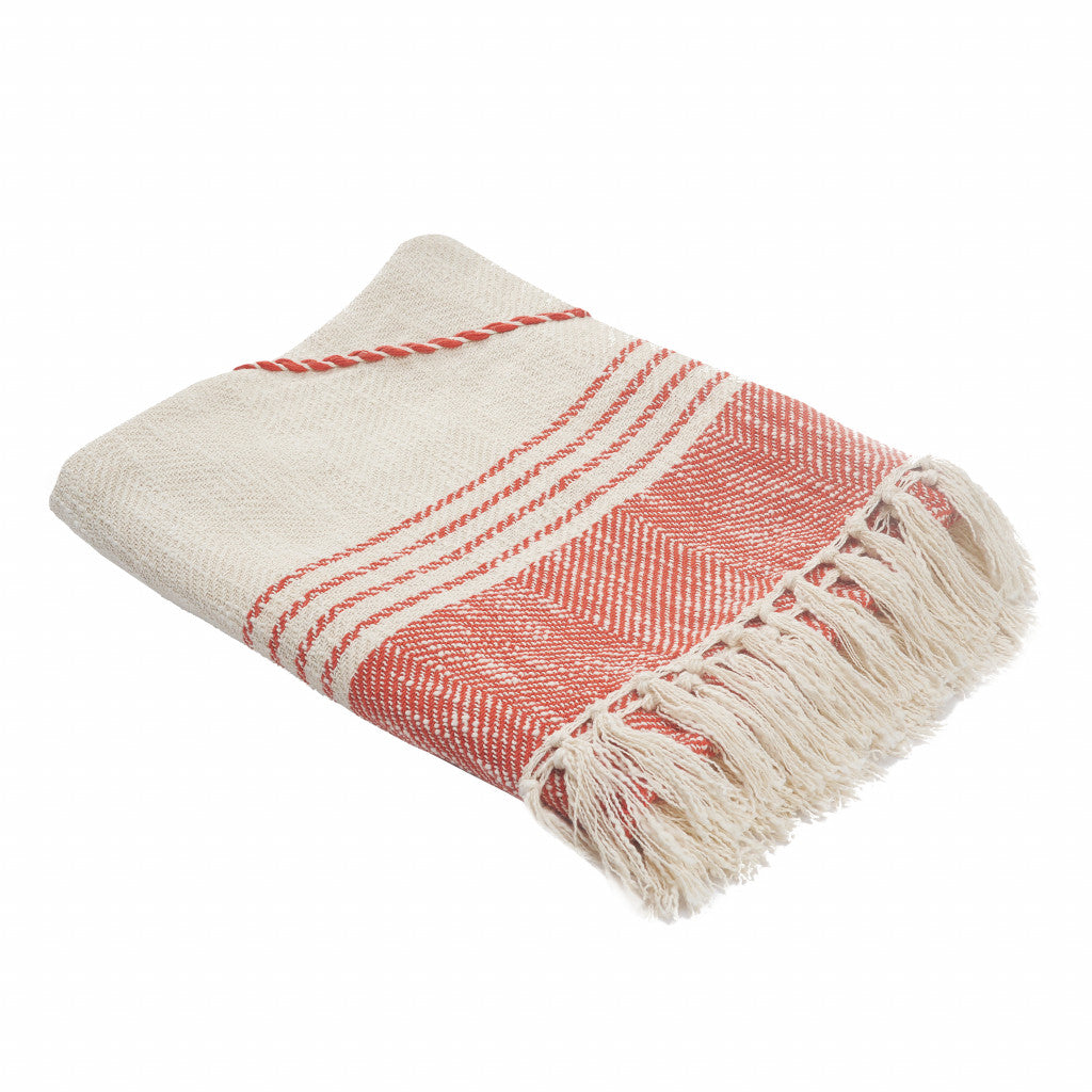 60" X 50" Beige Woven Cotton Striped Throw Blanket with Fringe