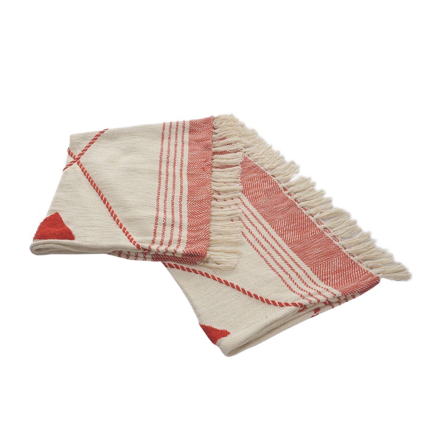 60" X 50" Beige Woven Cotton Striped Throw Blanket with Fringe