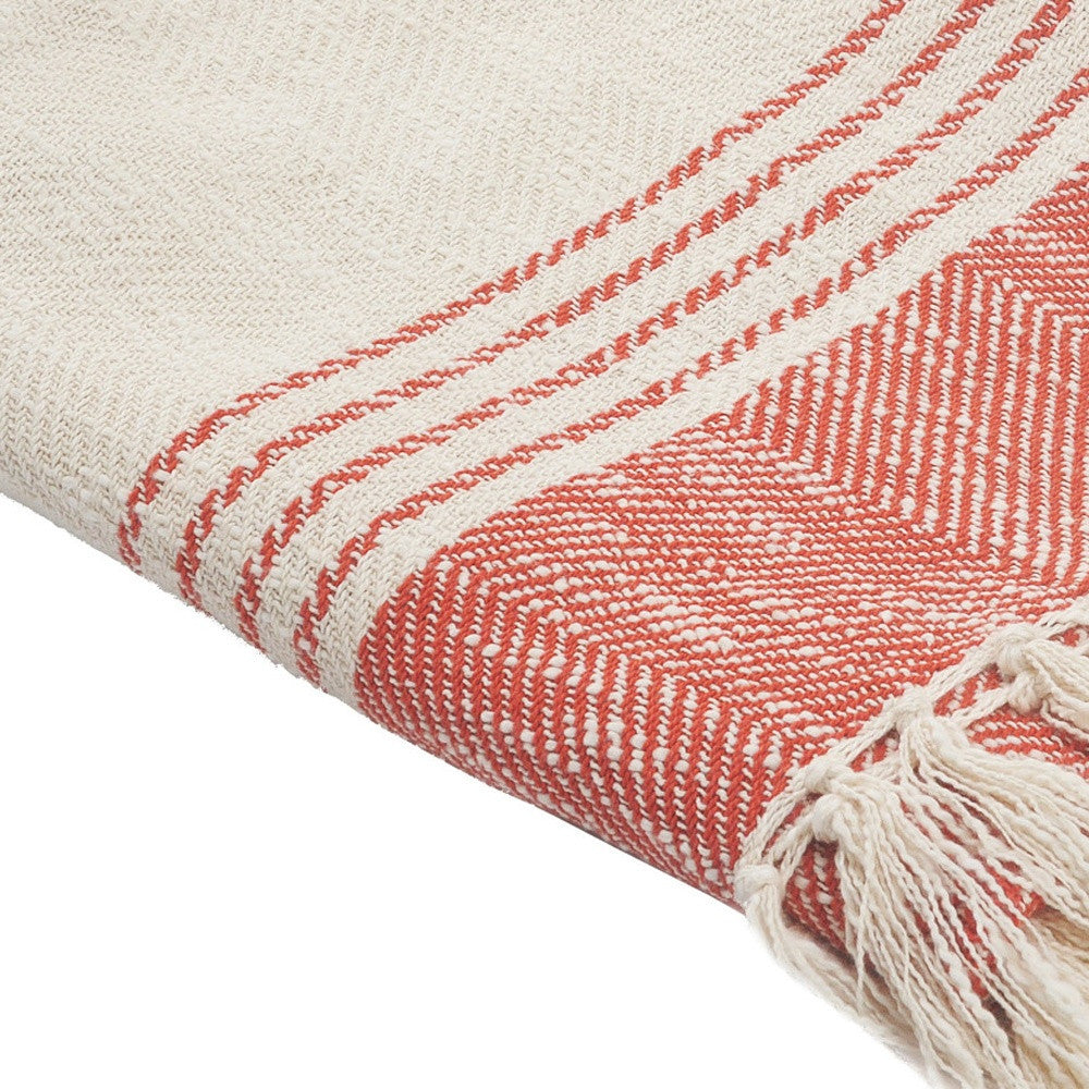 60" X 50" Beige Woven Cotton Striped Throw Blanket with Fringe