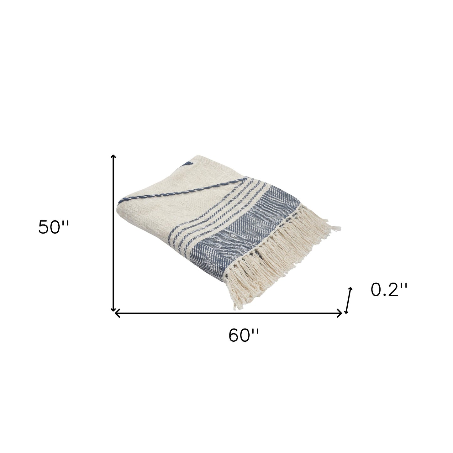 60" X 50" Beige Woven Cotton Striped Throw Blanket with Fringe