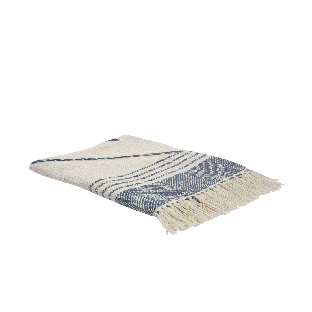 60" X 50" Beige Woven Cotton Striped Throw Blanket with Fringe