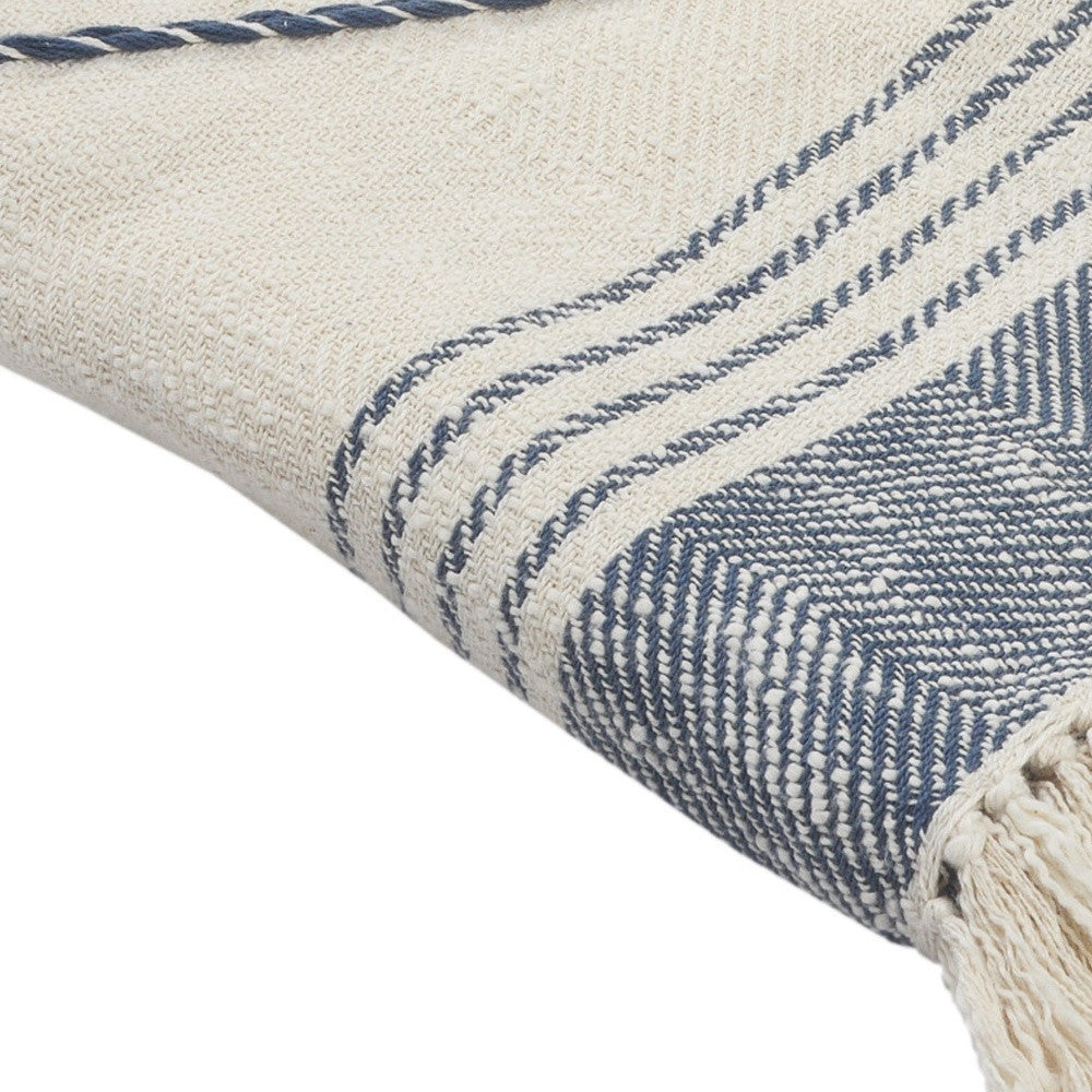 60" X 50" Beige Woven Cotton Striped Throw Blanket with Fringe