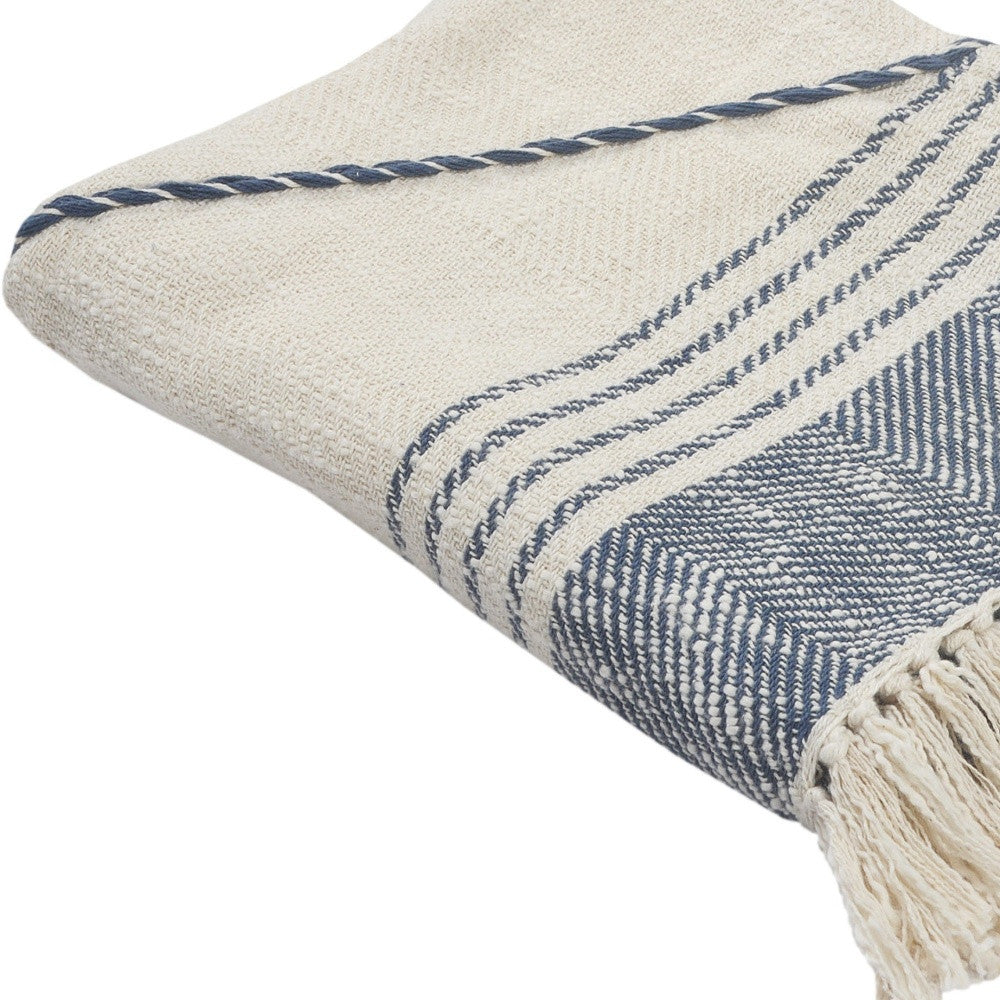 60" X 50" Beige Woven Cotton Striped Throw Blanket with Fringe