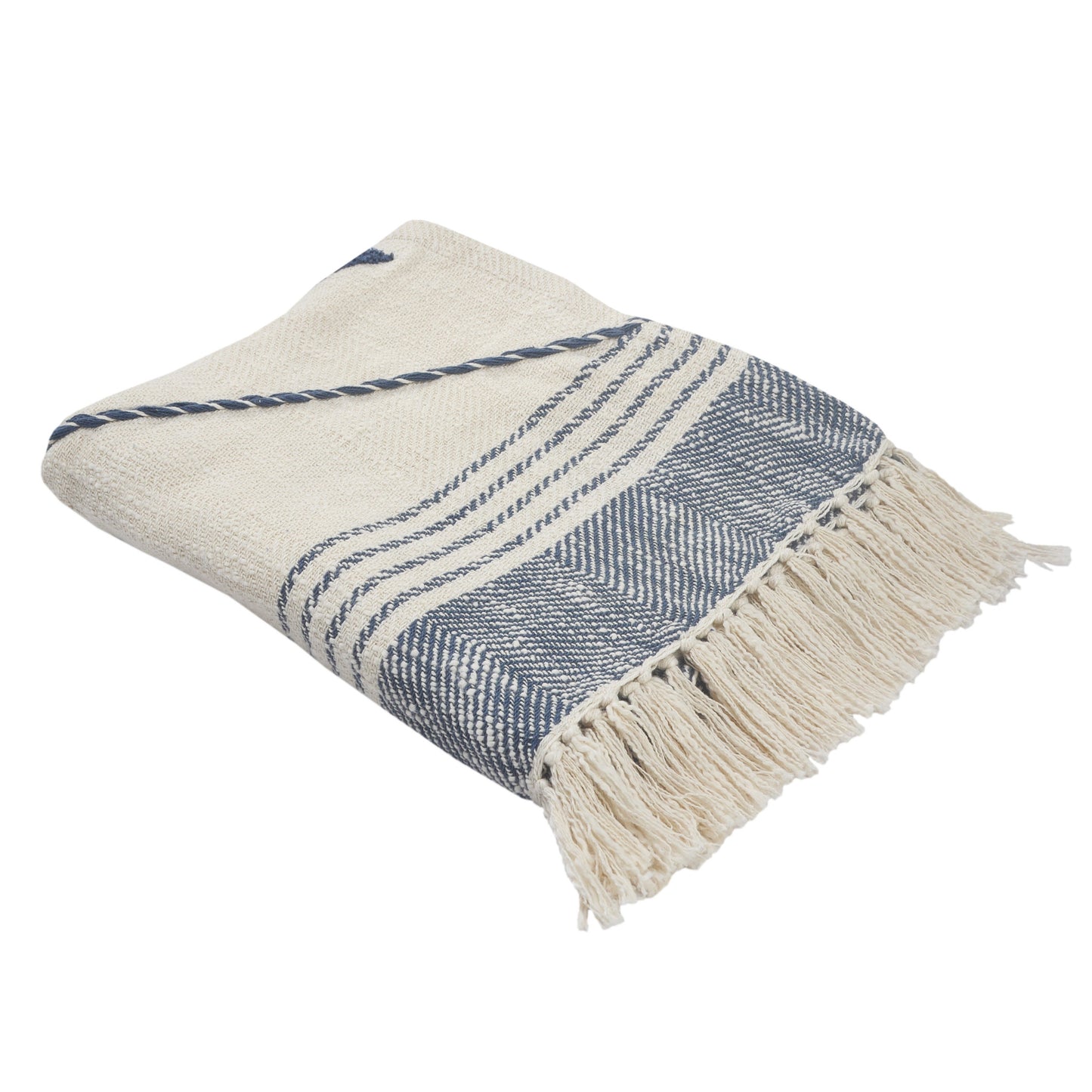 60" X 50" Beige Woven Cotton Striped Throw Blanket with Fringe