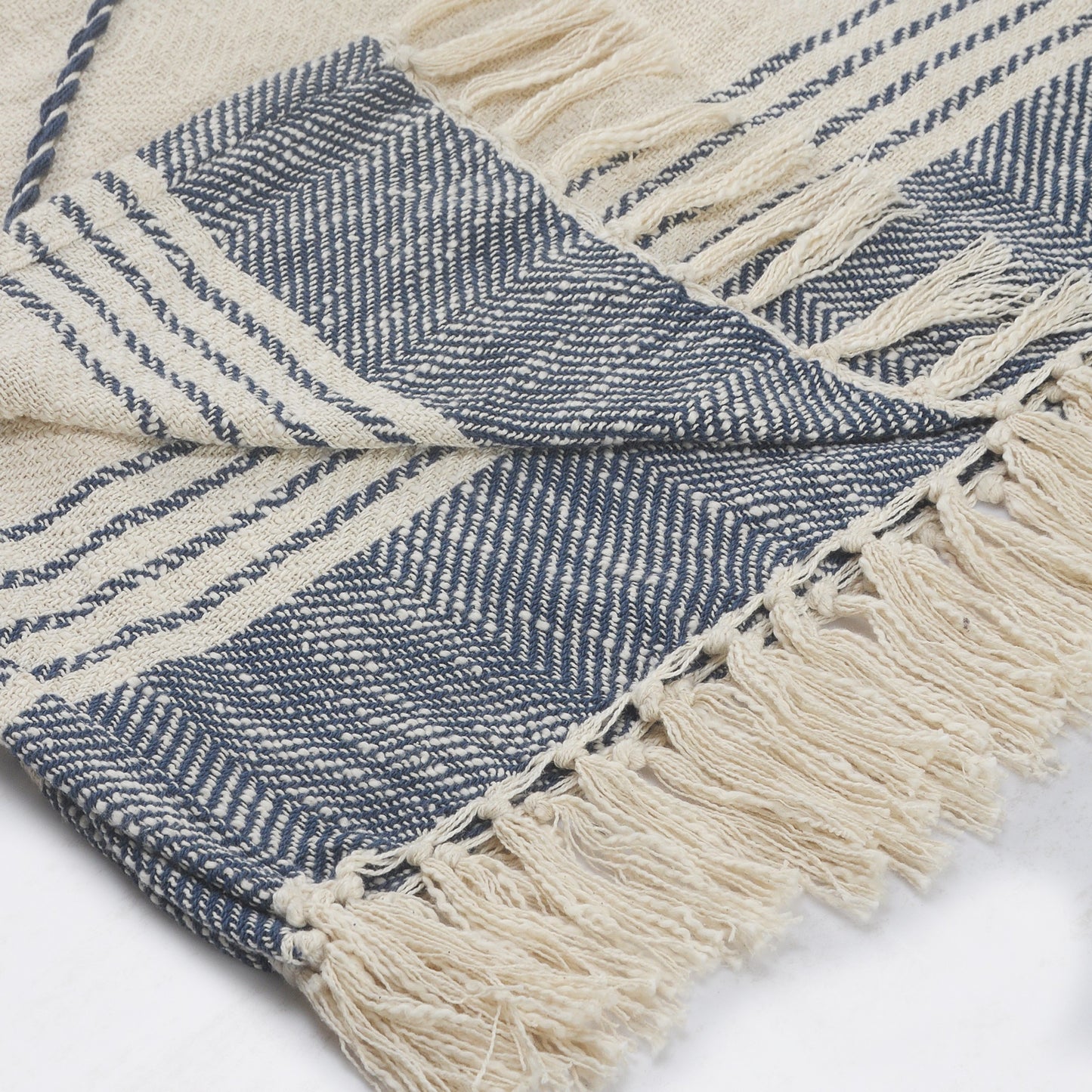 60" X 50" Beige Woven Cotton Striped Throw Blanket with Fringe