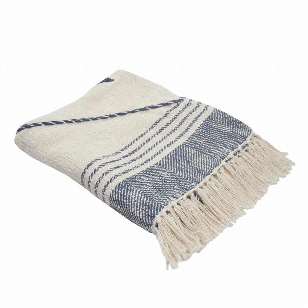 60" X 50" Beige Woven Cotton Striped Throw Blanket with Fringe