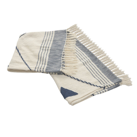 60" X 50" Beige Woven Cotton Striped Throw Blanket with Fringe