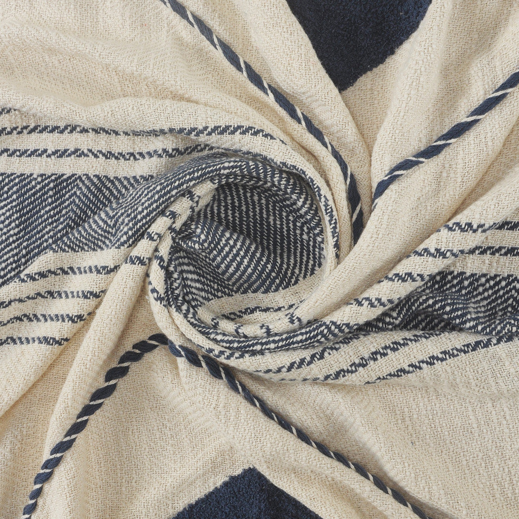 60" X 50" Beige Woven Cotton Striped Throw Blanket with Fringe