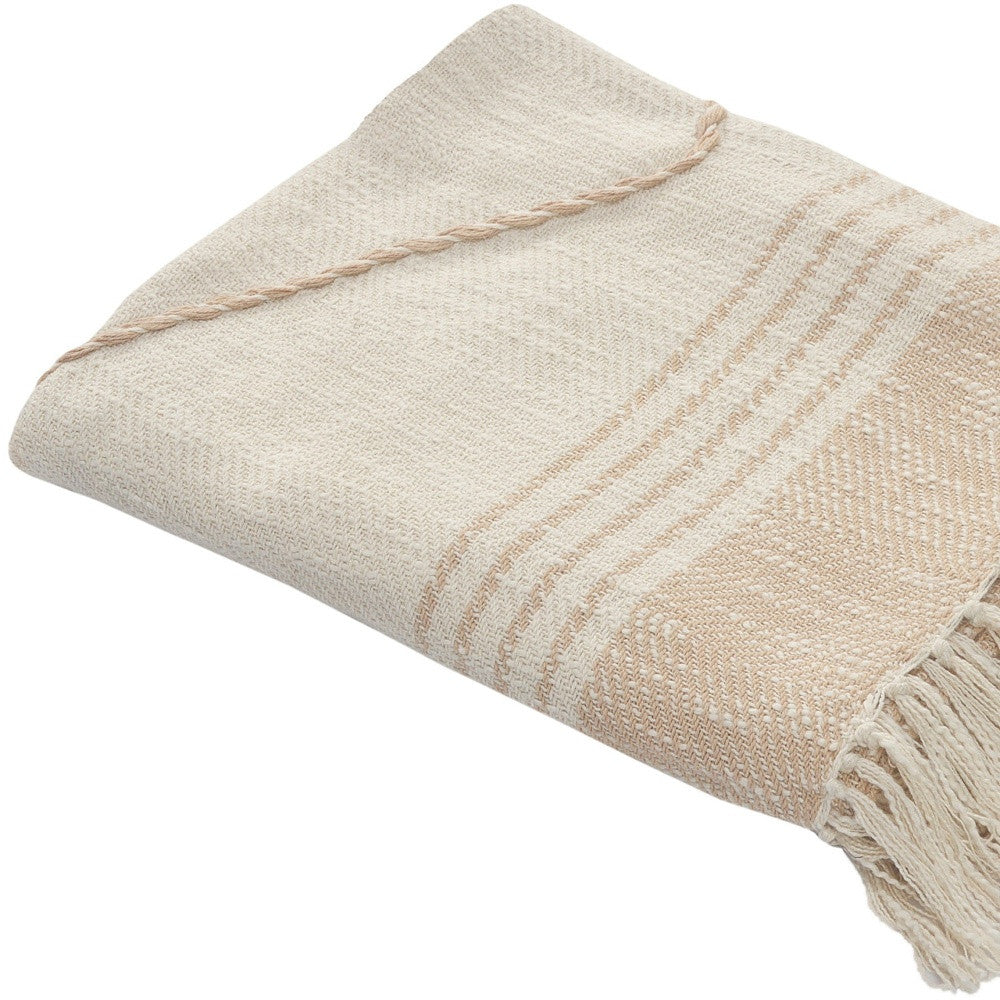 60" X 50" Beige Woven Cotton Striped Throw Blanket with Fringe