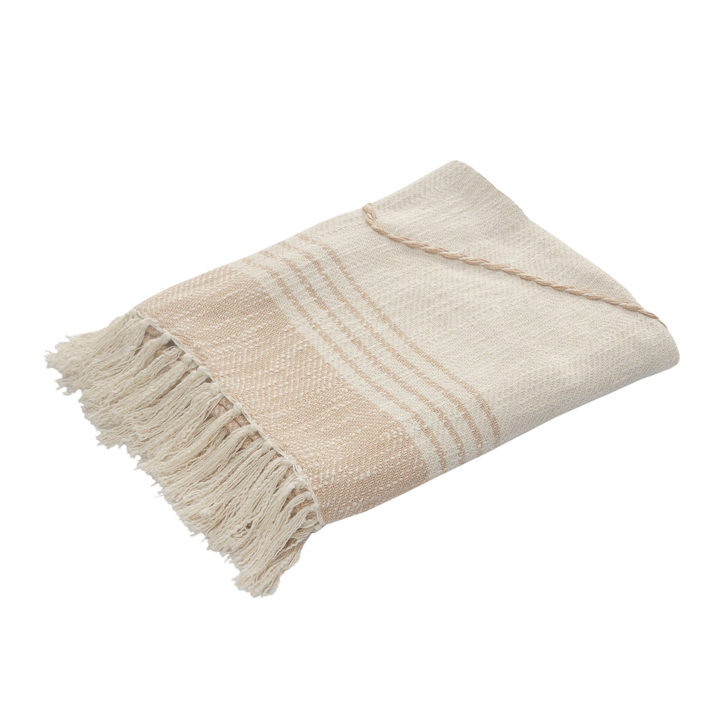 60" X 50" Beige Woven Cotton Striped Throw Blanket with Fringe