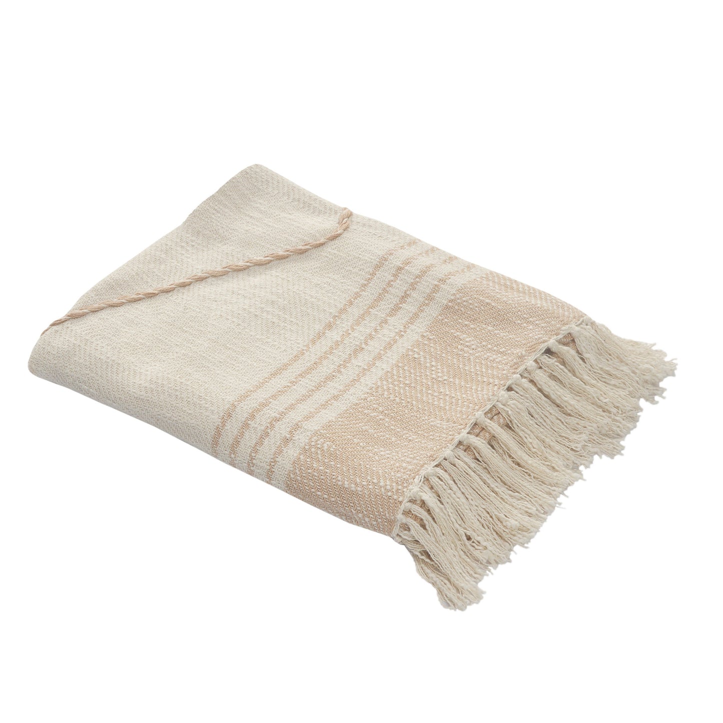 60" X 50" Beige Woven Cotton Striped Throw Blanket with Fringe