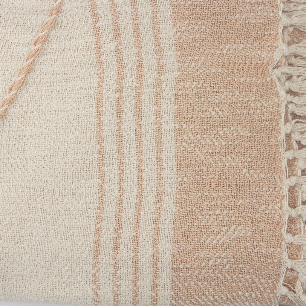 60" X 50" Beige Woven Cotton Striped Throw Blanket with Fringe