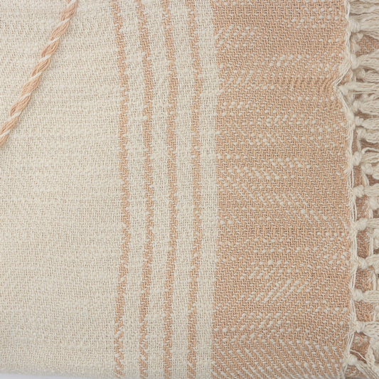 60" X 50" Beige Woven Cotton Striped Throw Blanket with Fringe