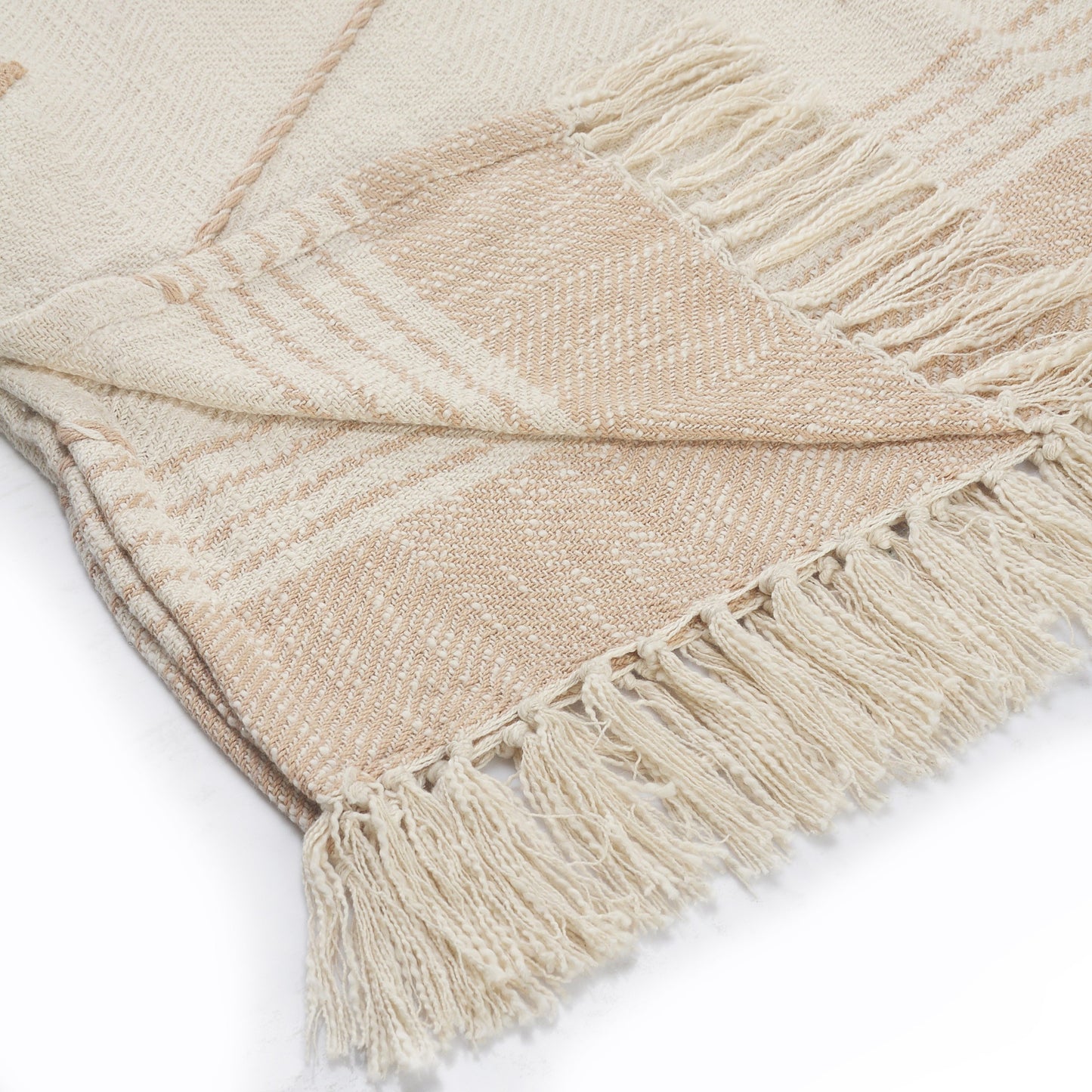 60" X 50" Beige Woven Cotton Striped Throw Blanket with Fringe